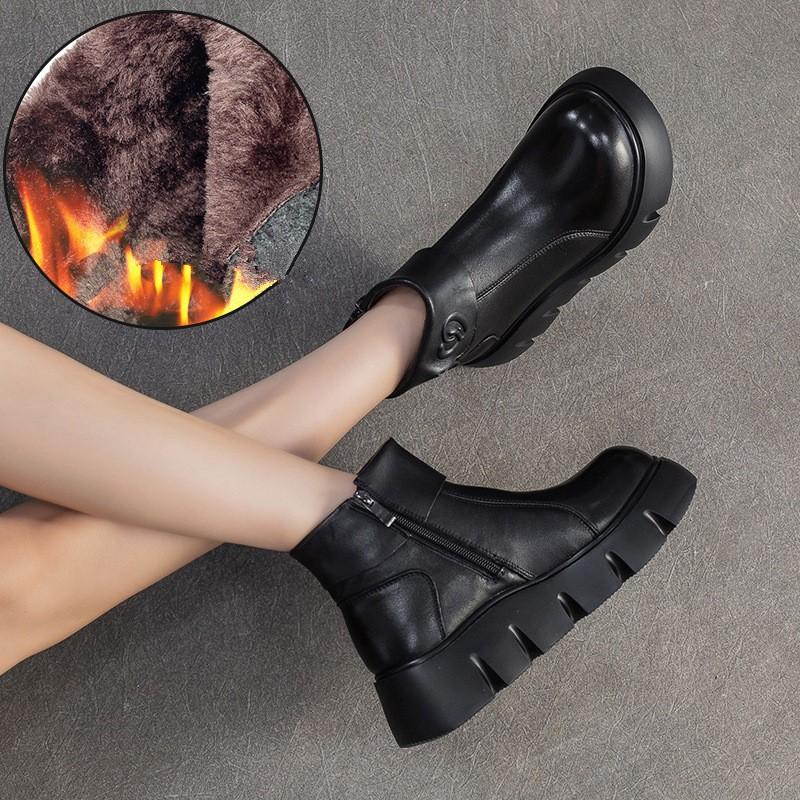 Johnature Warm Plush Women's Cotton Boots Retro Commuter Versatile Round Toe Thick Soled Ankle Boots