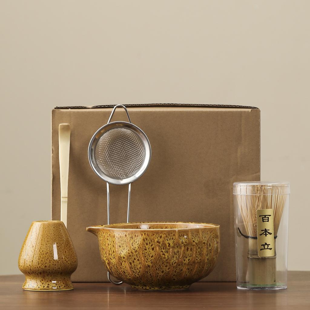 1set of Japanese matcha ceramic set, including kiln transformation matcha bowl, whisk, Hyakubon stand, matcha blender, gift