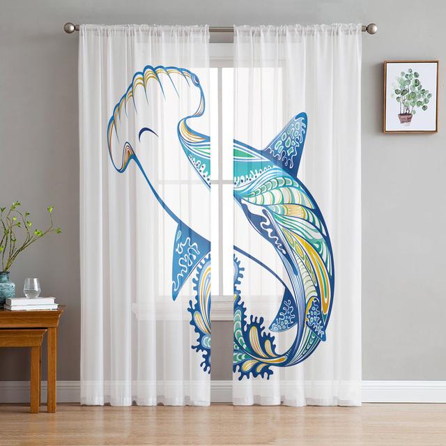 Whale Animal Illustration Tulle Curtains For Living Room Decoration Modern Chiffon Sheer Voile Kitchen Curtain