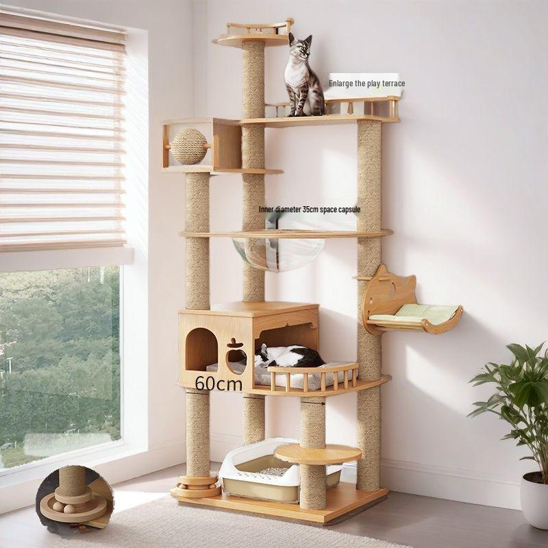 Large Solid Wood Cat Tree with Space Capsule, Plus Size Scratching Post & Board, Floor-to-Ceiling Multi-Season Toy, Wear-Resistant.