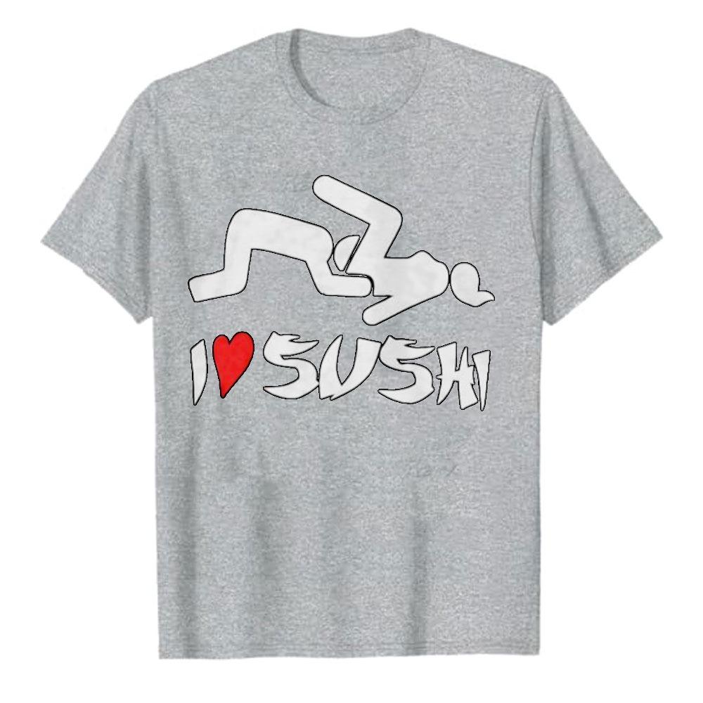 Abstract Brush Calligraphy I Love Sushi Red Heart Graphic Cotton Tshirt Japanese Food Retro Streetwear Loose Unisex Daily Tops