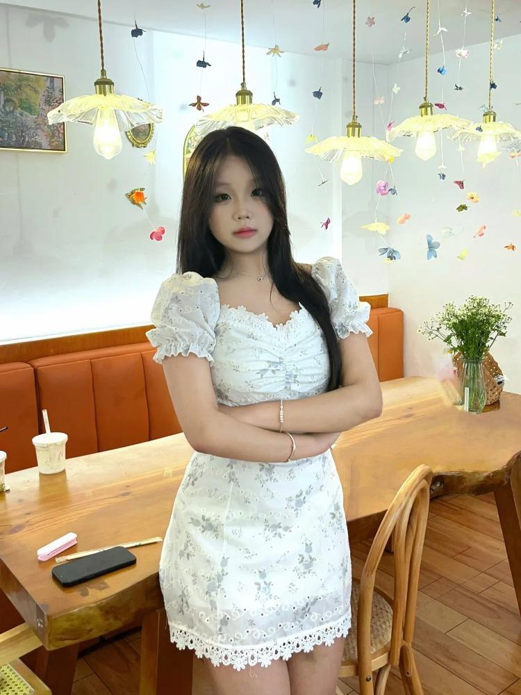 Sommer Fee Floral Mini Kleid Frauen Neue Süße Elegante Designer Kleidung Weiblichen Koreanischen Hohe Taille Solide Y2k Quadrat Kragen Kleid