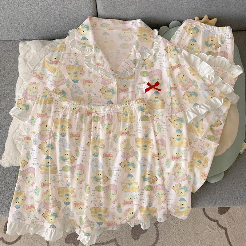 Cute puppy imitation cotton edge pajamas women's summer casual sweet loungewear short-sleeved three-piece set