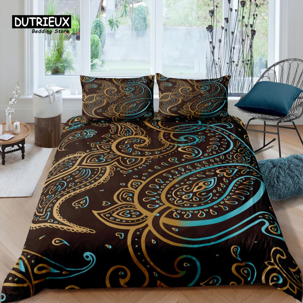 Home Living Luxury 3D Golden Paisley Bedding Set Flower Duvet Cover Pillowcase Queen and King EU/US/AU/UK Size Comforter Bedding