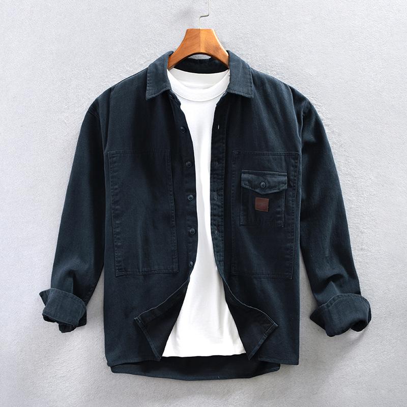 

Рубашки-карго с длинным рукавом в японском стиле для мужчин, весна-осень, уличная свободная рубашка, 100% хлопок, рубашка на пуговицах, повседневная верхняя рубашка 4XL королевский синий