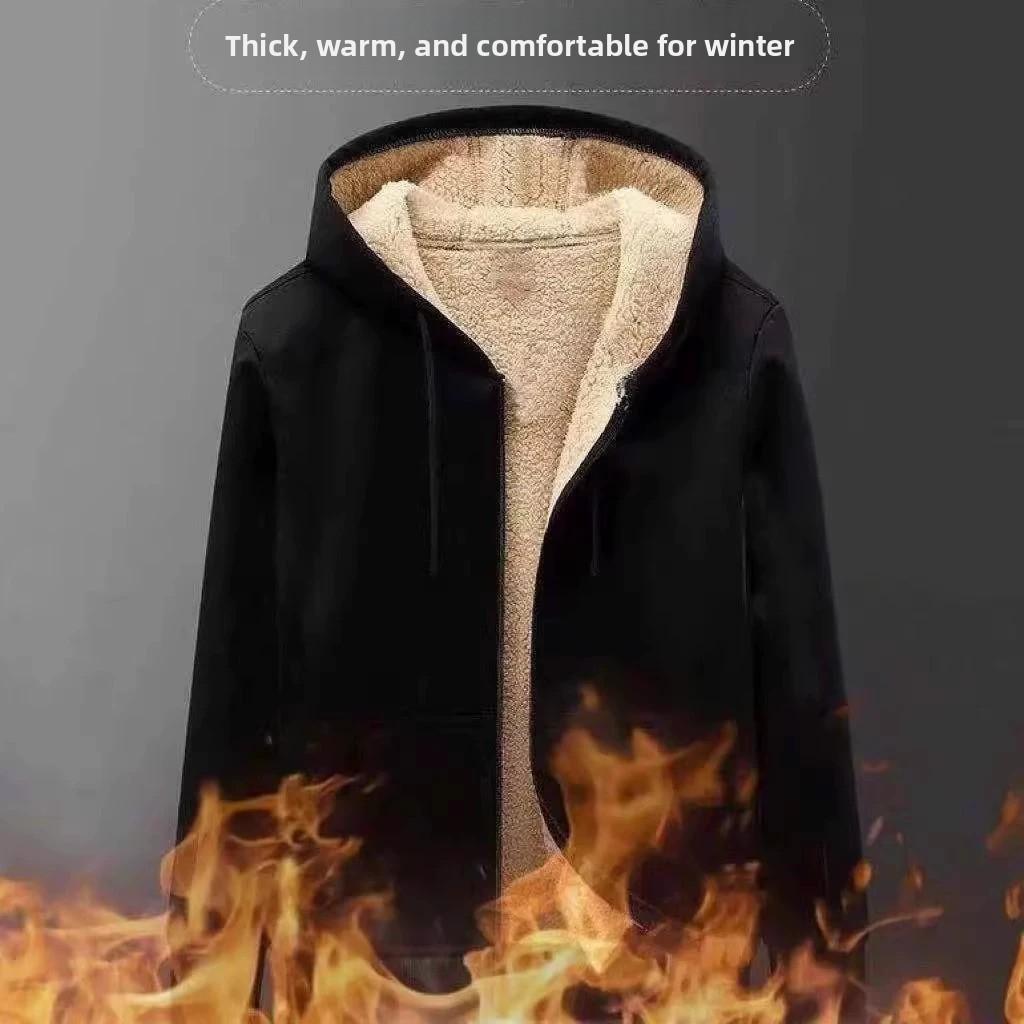Autumn Winter Thiened Lamb Velvet Zipper Cardigan Sweatirt Men's Warm Loose Hooded Jaet Workwear Casual Loose Fit