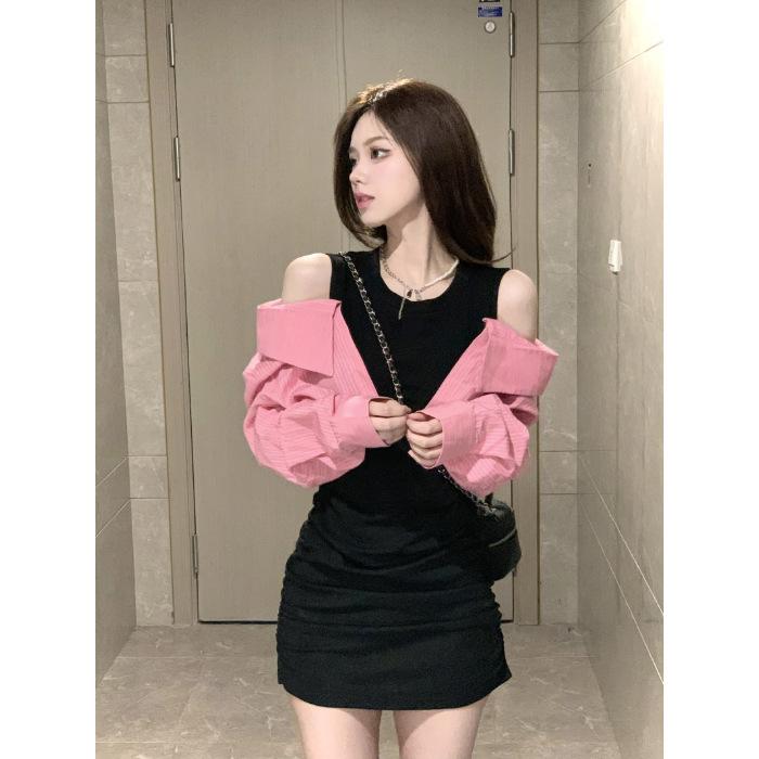 

Temperament fake two-piece off-the-shoulder dress, summer new high-end Spice Girl waist design fried street long-sleeved short skirt S