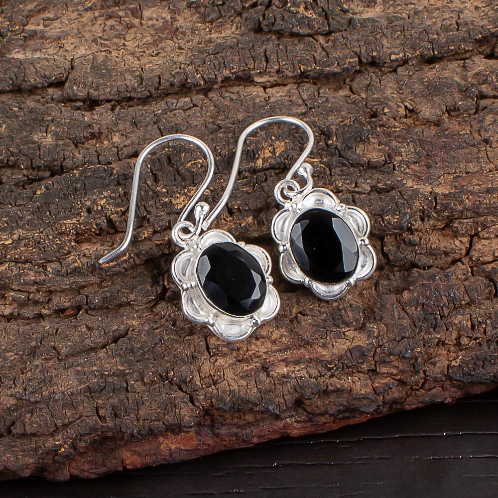 Natural Black Onyx Gemstone 925 Sterling Silver Jewelry Handmade Earrings 1.30" EE-11-15