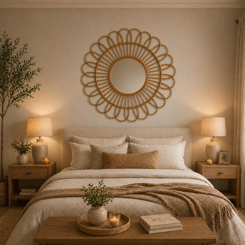 Eco Decx Rattan Flower Wall Mirror, Handwoven Boho Decorative Hanging Mirror for Bedroom & Living Room Decor, 60 x 2 x 55 cm