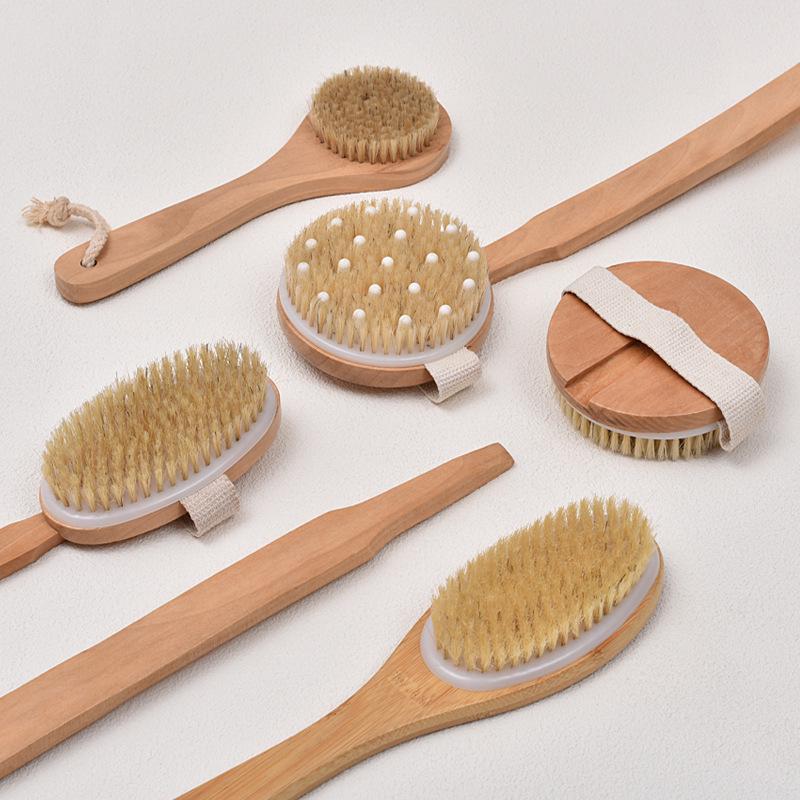 Escova de Banho e Chuveiro com Cerdas de Javali e Cabo Longo para Esfoliação do Corpo e das Costas