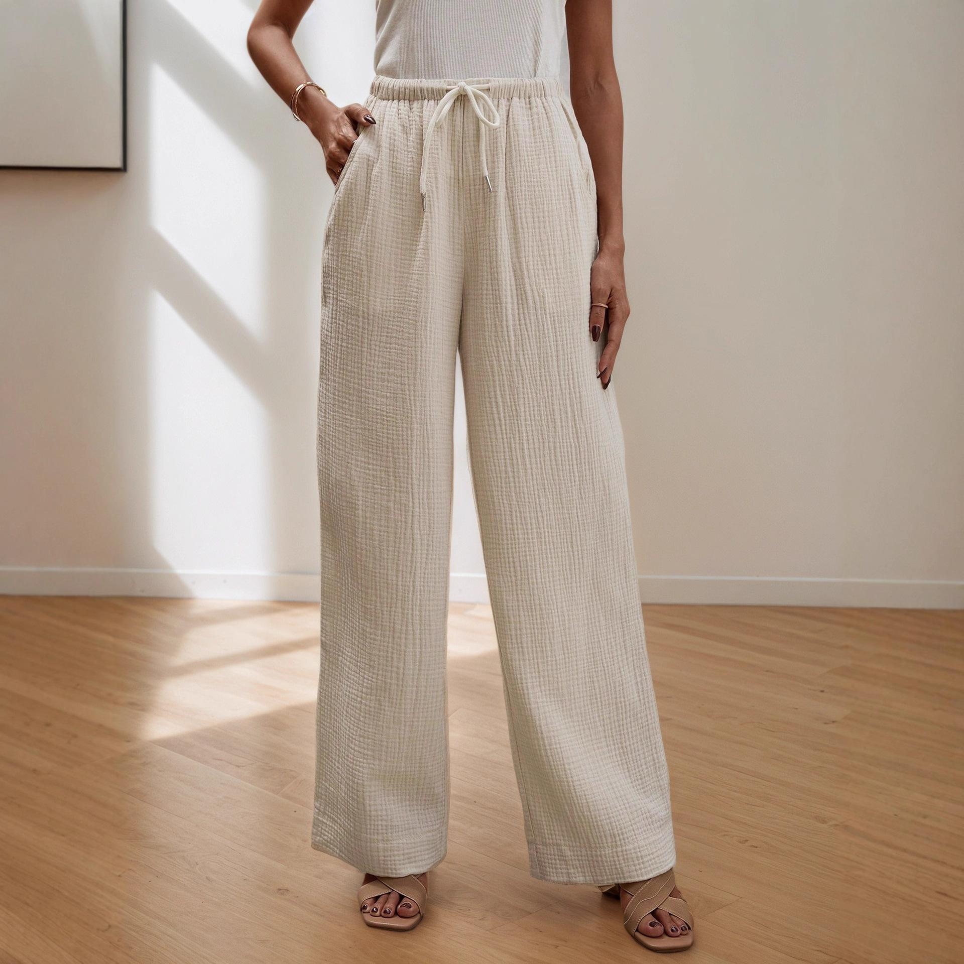 European and American summer fashion casual solid color cotton trousers elegant simple versatile elastic wide-leg trousers european and american size s