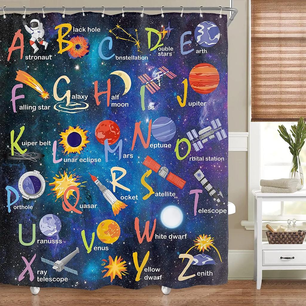 Kids Alphabet Shower Curtains For Bathroom Decor Abc Educational Learning Tool Baby Cartoon Animals Colorful Girls Boys Printed