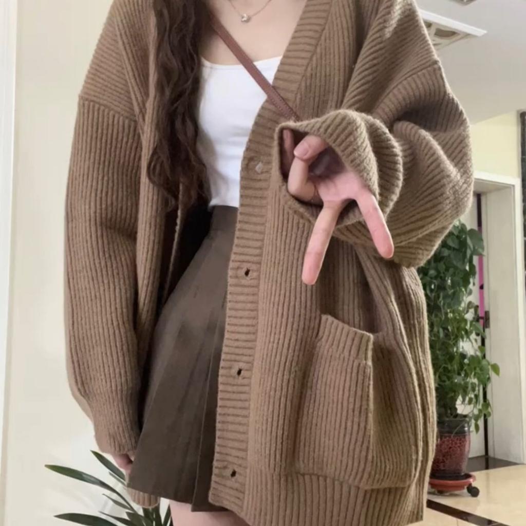 Korean V-neck Lazy Style Cardigan, Japanese Minimalist Sweater, Women's Spring, Autumn, Winter Casual Loose Knit Sweater