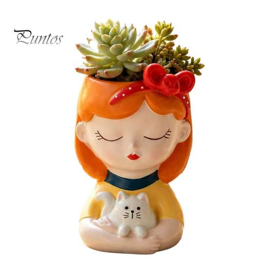 Decorative Resin Desktop Accessory Cute Head Planter, Succulent Little Girl Flower Pot, Human Plant Pot for Office Face Cactus Plants Container,