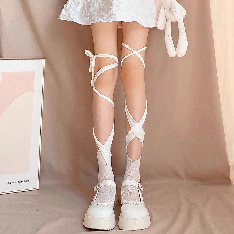 Women Summer Sexy Long Japanese Lace Fishnet Split Toe Calf Middle Tube Socks Straps