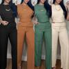 Women Sleeveless Round Neck Casual Jumpsuit High Waist Wide Leg Pants Solid Color Loose Fit Romper