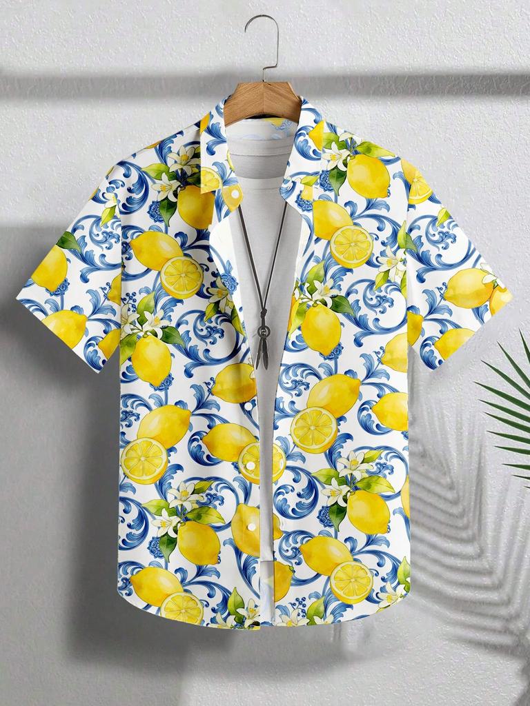 Sommerliches Freizeit-Kurzarmhemd mit Zitronendruck, trendy und vielseitig.