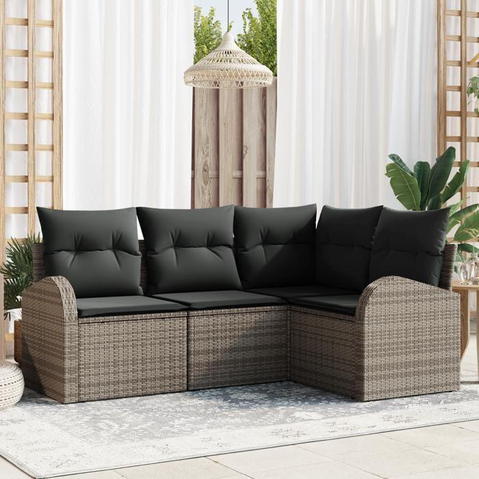 VidaXL Ensemble de Canapé de Jardin 4 Pièces avec Coussins Gris Rattan Poly 3346019