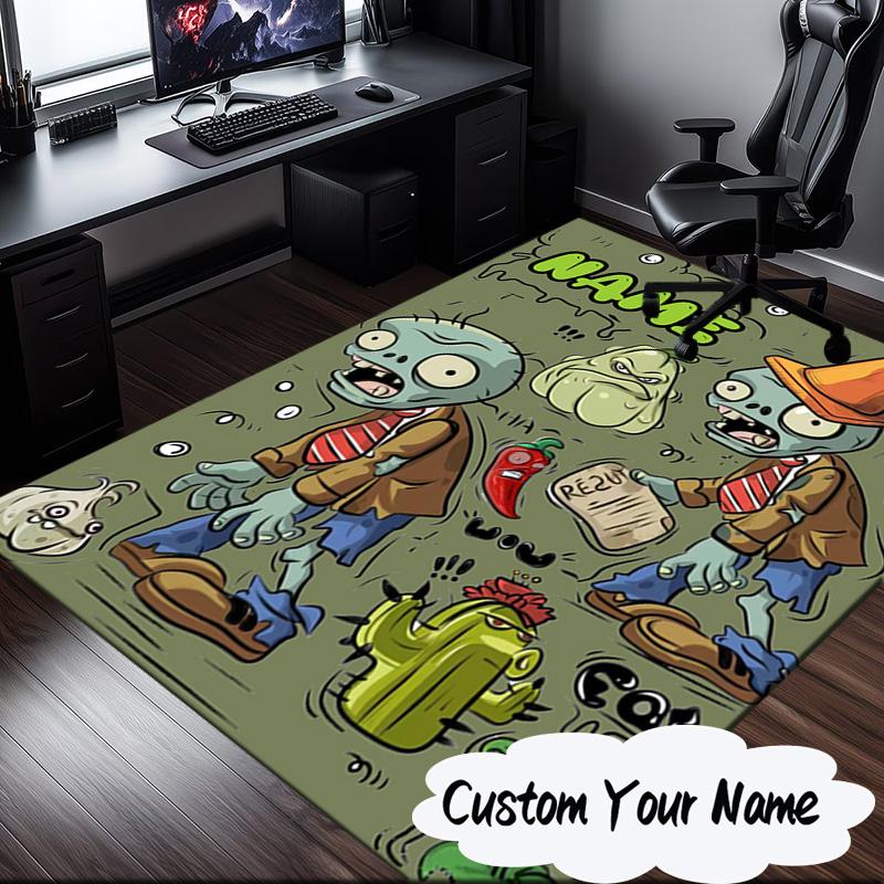 Custom Name Zombie Garden Battle Rug for Living Room, Game Rooms, Office, Bedroom, Floor Mat Playful Design, Fan Gifts Christmas Decor