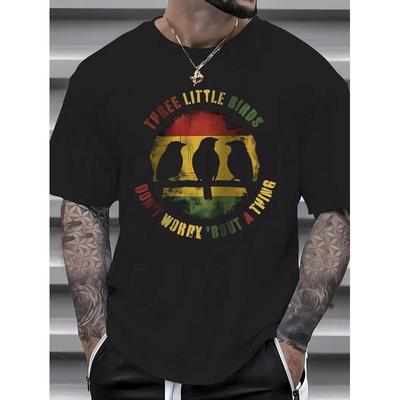 Men'S Black T-Shirt with Three Little Birds & "Carefree" Quote - Breathable Soft Fabric, Bold Reggae-Inspired Graphic Print, Rasta Colors