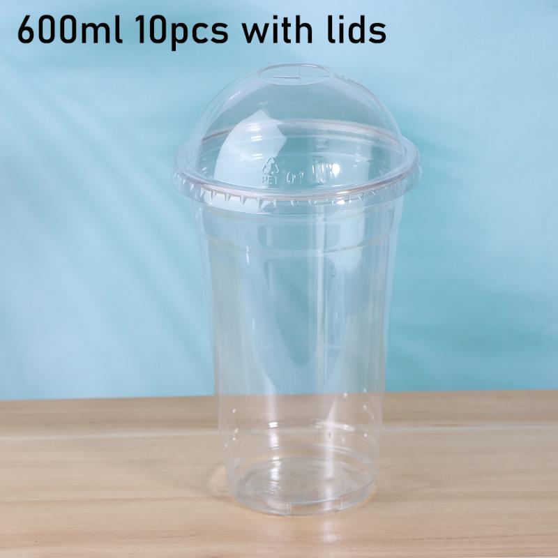 10Pcs Disposable Clear Plastic Cups With Lid Or 100 Straws For Fruit Juice Milk Tea Iced Coffee Cold Drinks Takeaway Party Use