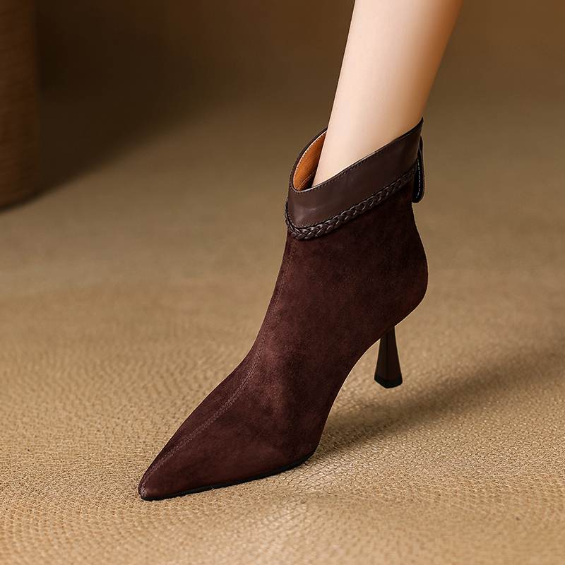 Krazing Pot Sheep Suede Autumn Winter Shoes Stiletto Thin High Heels Big Size 40 Modern Boots Pointed Toe Keep Warm Zip Ankle Boots