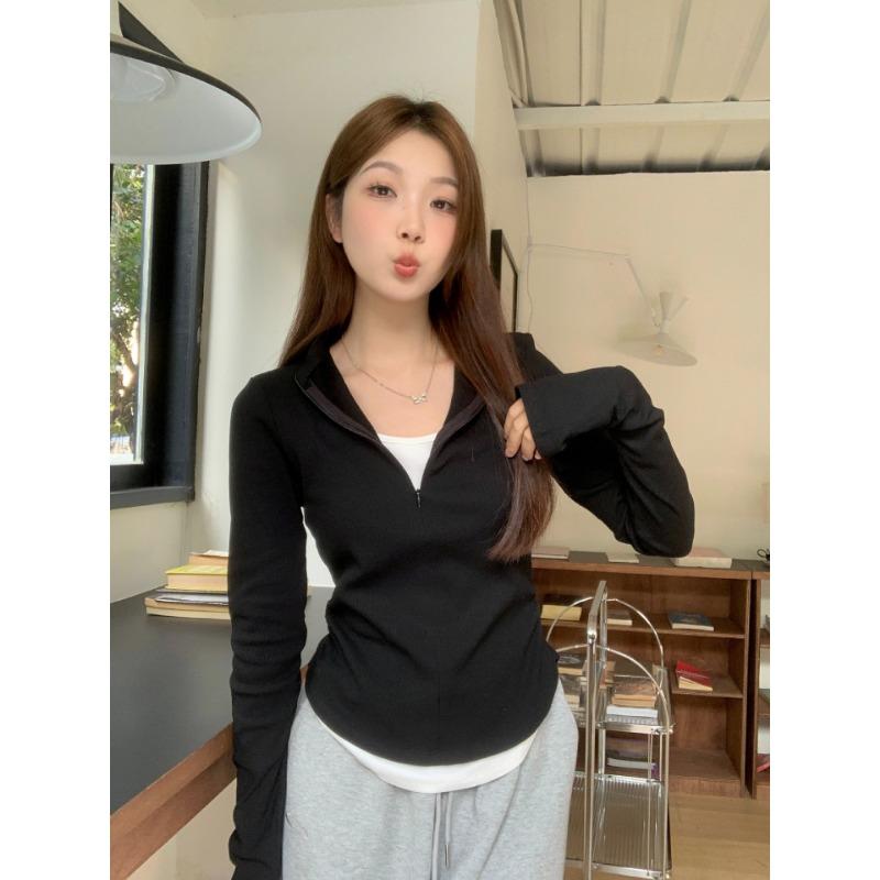 

Spring Autumn Fake Two Pieces Slim T-shirt Women Long Sleeve Casual Fashion All-match Pullover Tee Top S чёрный