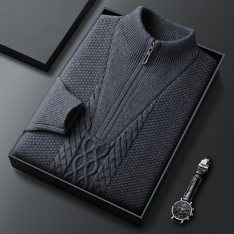 

Мужской толстый свитер крупной вязки на молнии до середины с воротником-стойкой XXXXL темно-серого