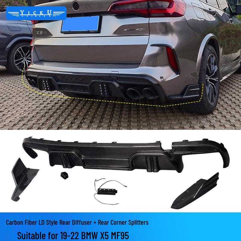 BMW X5M F95 Carbon Fiber Body Kit: Front Lip Splitter, Rear Lip, Side Skirts, Wind Deflectors, Tail Wing with Lights.