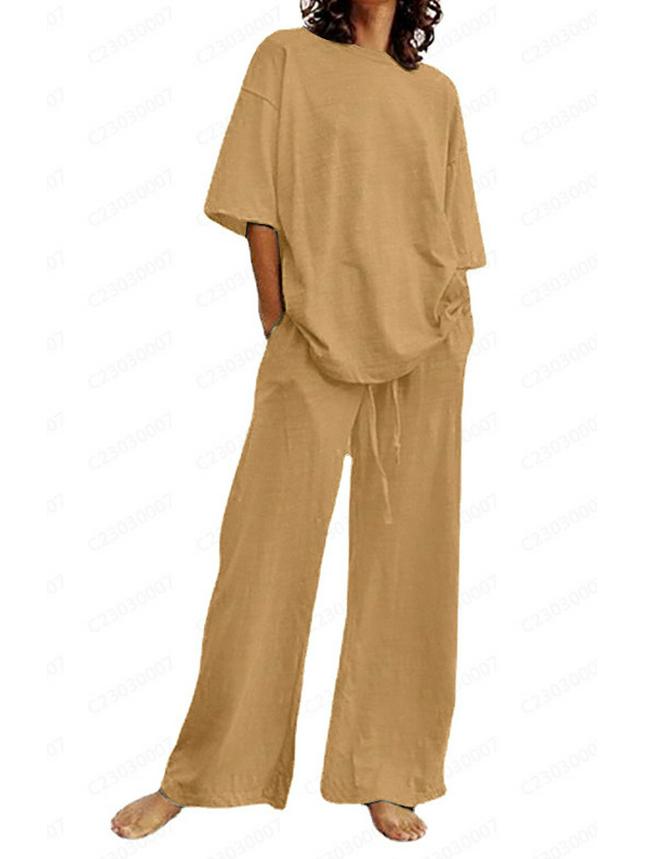 Women's 2-Piece Summer Suit: Temuxiyin Casual Belted Half-Sleeve Top and Wide-Leg Pants