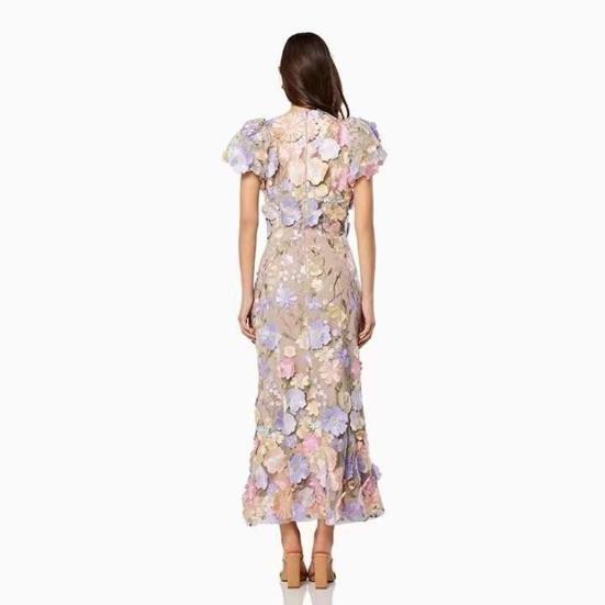 Women Fishtail Dress Round Neck Puff Short Sleeve Embroidered 3D Flower Decor Midi Dress Hip Wrapped Long Dress