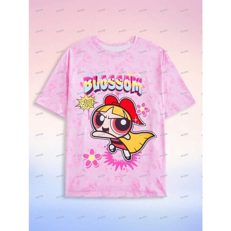 THE POWERPUFF GIRLS Women's Short Sleeve 3D Print T-shirt Round Neck Summer Oversized Casual T-Shirt Women's Clothes