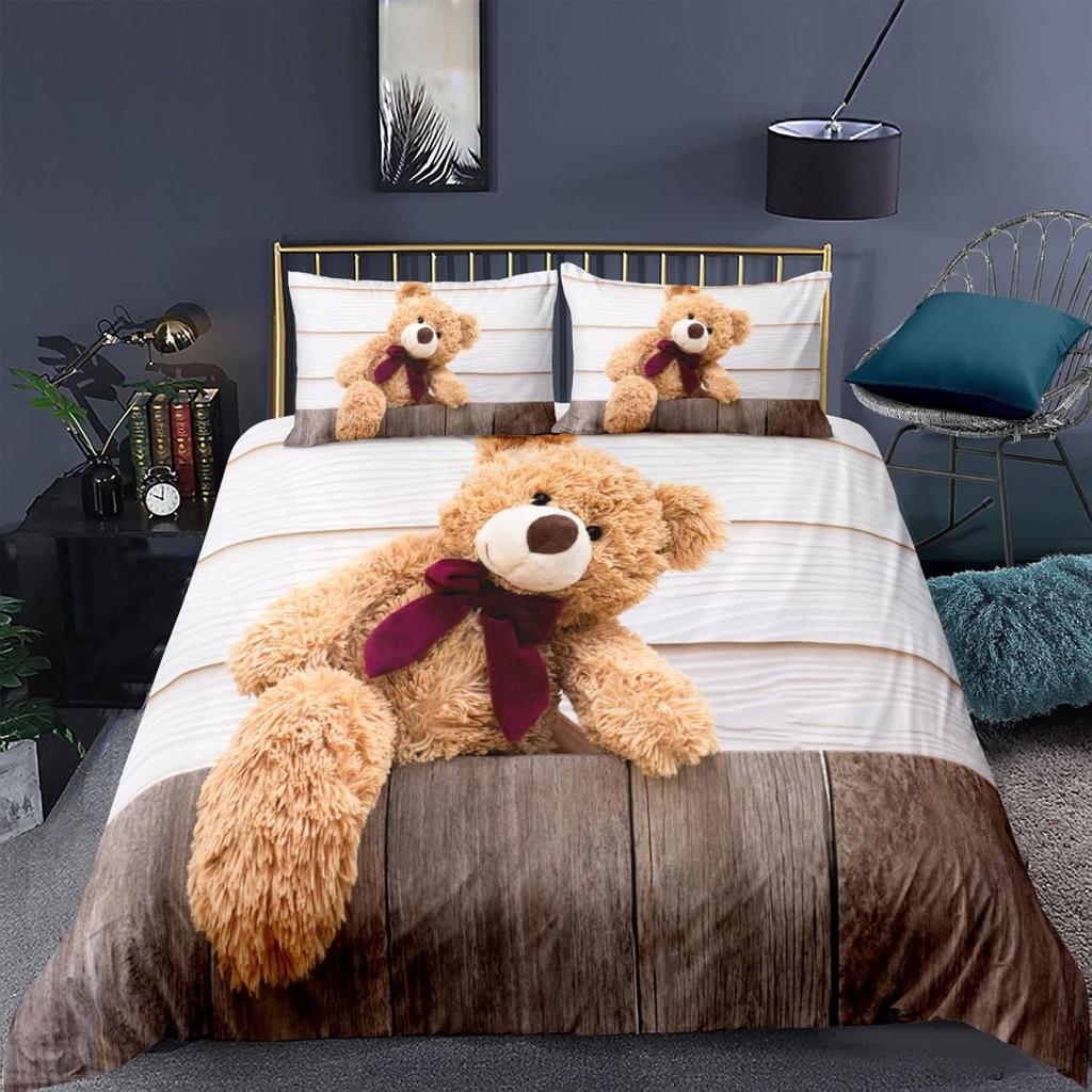Cute Teddy Bearduvet cover for boys and girls, adult room decoration, bedding microfiber bed cover 3-piece set, bedroom decorati