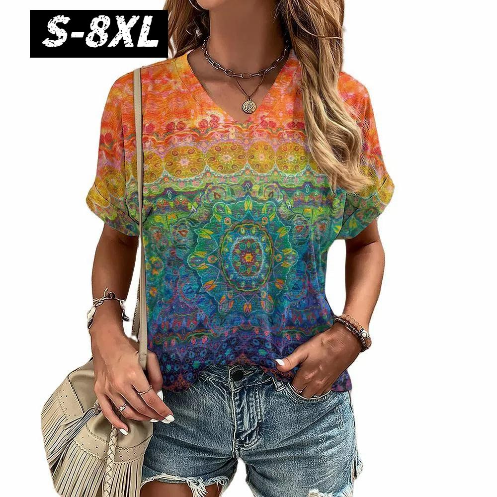 S-8XL Plus Size T-shirt for Women's Summer Short Sleeve Casual Tops Street Fashion V Neck T-Shirt Female Clothing Pullover
