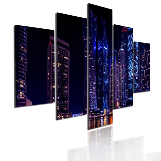 Wall Art Metropolis Skyscrapers Canvas Painting 5 Pieces Modular Picture Bustling City Night Poster HD Printed for Home Decor