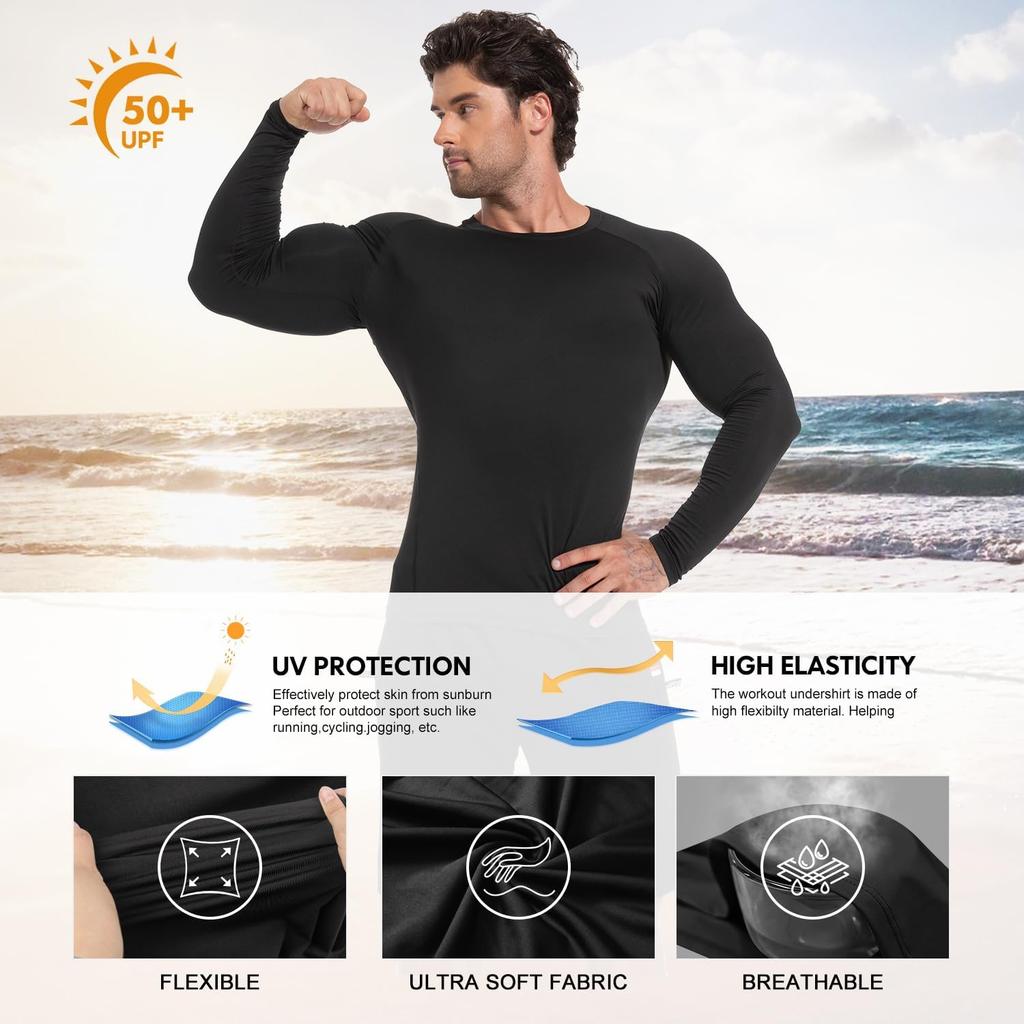 2 Pack Men's Compression Shirts Long Short Sleeve Rash Guard Workout Top, Black