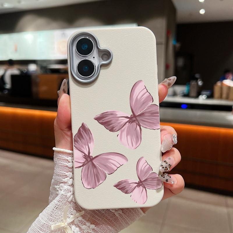 Pink Butterfly Pattern Leather Texture Slim Soft Phone Case For iPhone 16 Pro Max 15 14 Pro 13 12 11 TPU Matte Lens Protection Shockproof Bumper Cover