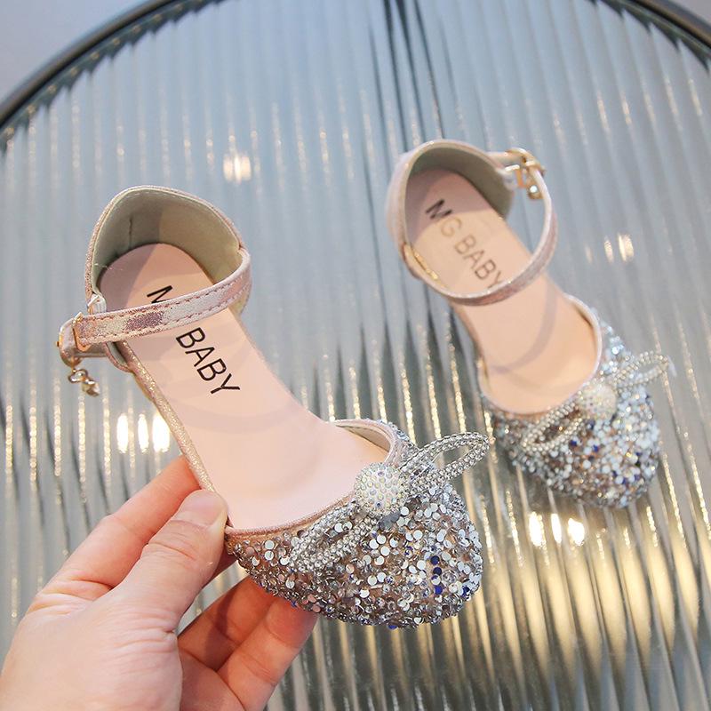 

2025 Корейський стиль Дівчачі кришталеві туфлі-принцеси на високих підборах - Танцювальні босоніжки з круглим носком для старших дітей 29