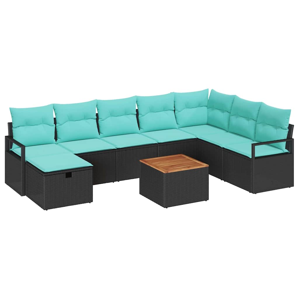 9 Piece Garden Sofa Set with Cushions Black Poly Rattan