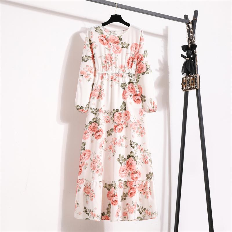 2022 European & American Floral A-Line Dress - Spring, Long Sleeve, Round Neck, Slim Fit