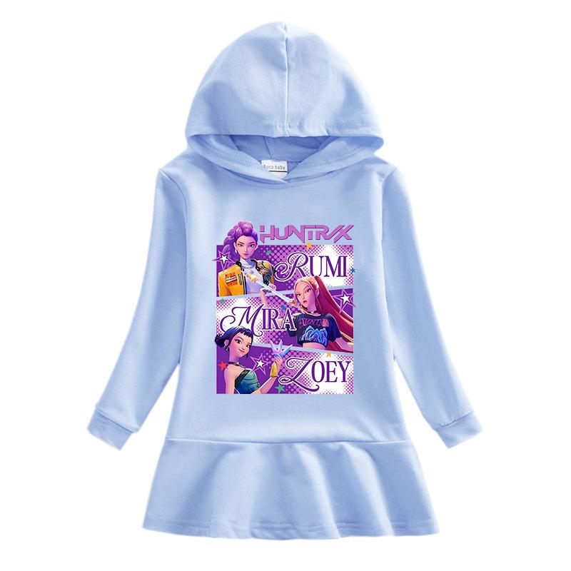 Kpop Demon Hunter Girls' Ruffle Rainbow Hooded Dress - Long Sleeve Princess Style