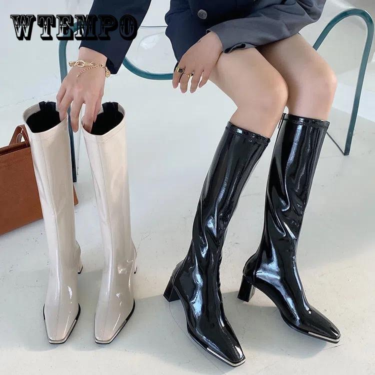 

Женские осенне-зимние высокие сапоги, узкие ботинки из лакированной кожи на высоком каблуке с квадратным носком, офисные женские повседневные рыцарские сапоги с высоким берцем
