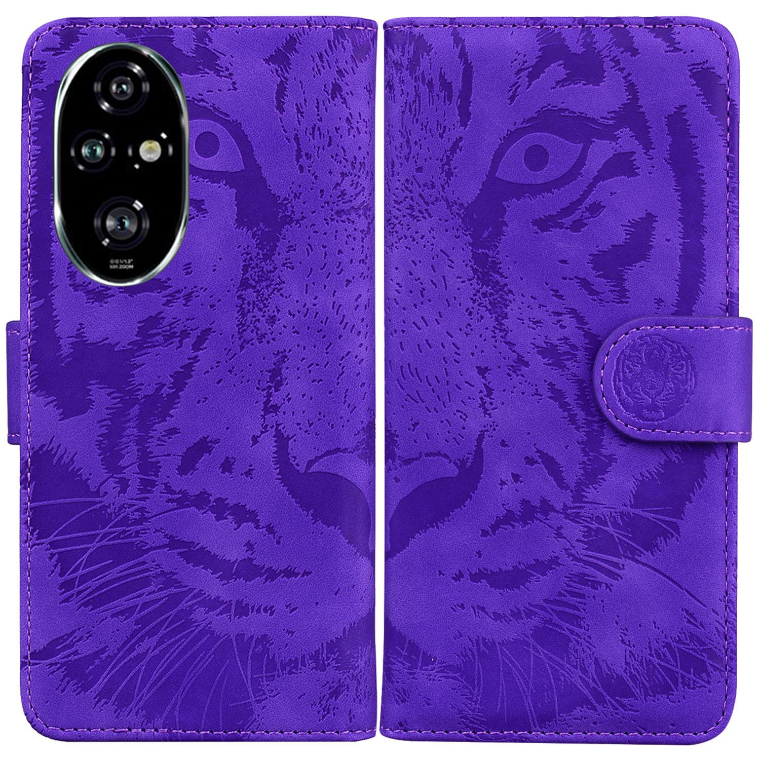 

For Honor 200 Pro 5G Shockproof Case Tiger Imprint Leather Wallet Phone Cover Purple