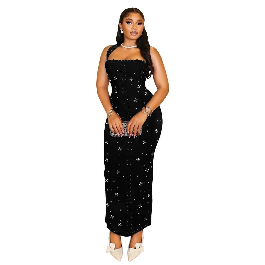 C7480 Fashion Women's Halter Rhinestone Beaded Bodycon Dress - Europe & America Style
