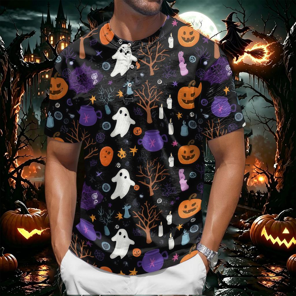 Men's Halloween Short Sleeve Henley Shirt Pumpkin Print Casual Lightweight Breathable Top with Buttoned Collar for Seasonal Wear