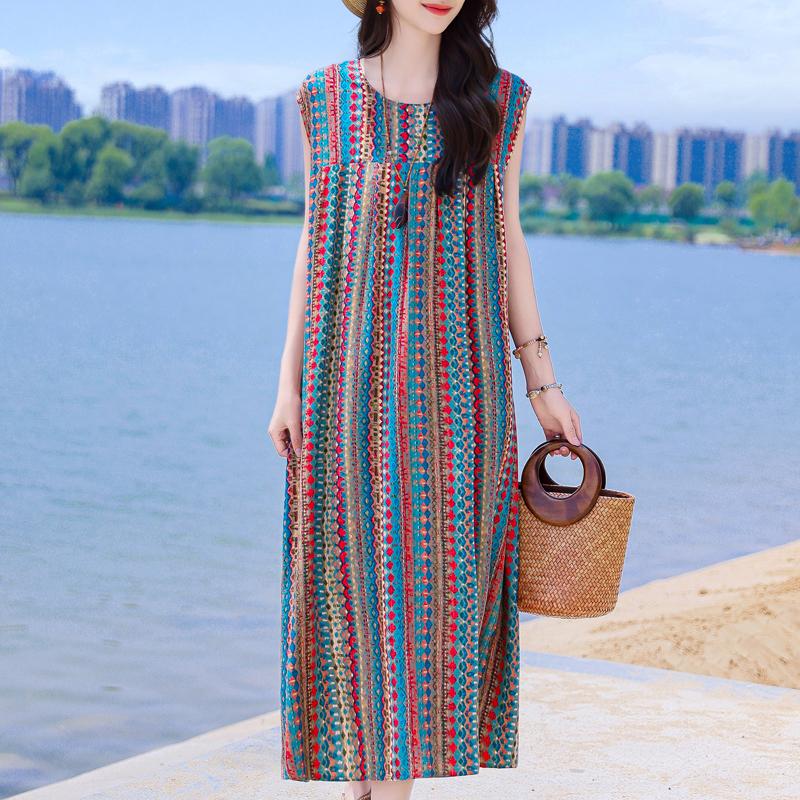 Casual Beach Dresses for Woman Plus Size Loose Vintage Print Long Sleeveless Dress Summer Women's Clothing
