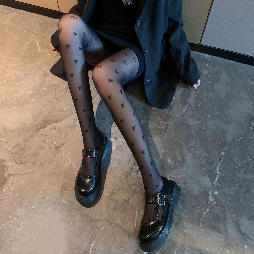 Black Bowknot Stockings Thin Summer Hot Girl Black Silk Jacquard Student Versatile Pantyhose