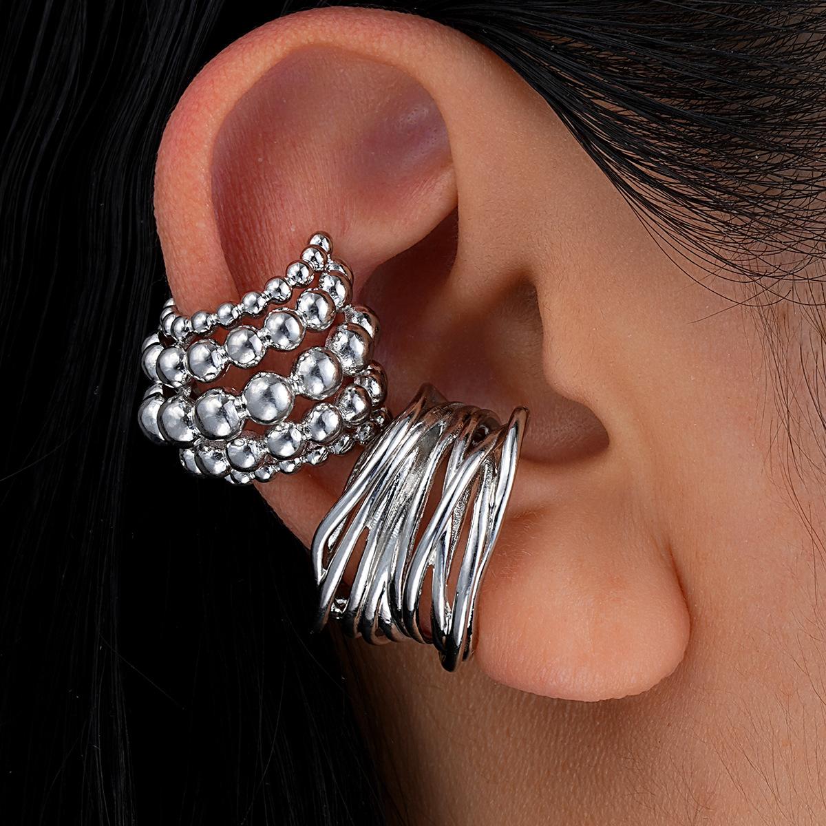 2pcs Set Creative Personality Geometry Multi-layer Round Bead Clip Earrings for Women Stainless Steel Fake Piercing Jewelry Gift