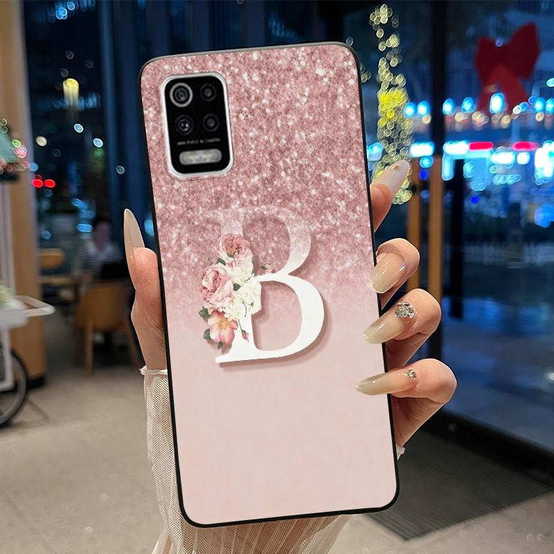 

Phone Case For LG Q52/K52/K62 Soft Silicone Initial Letter With Flower Pattern Black Case LMQ520N LMK520 LMK525 Casing LG Q52