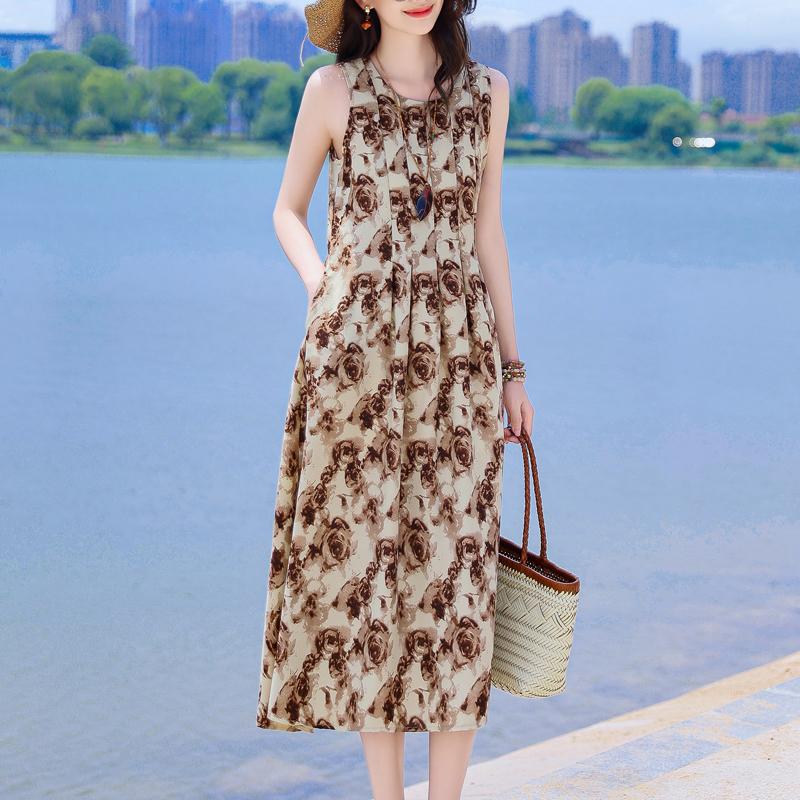 Elegant Sleeveless Beach Dresses For Woman Plus Size Casual Loose Vintage Print Long Dress Summer Women's Clothing